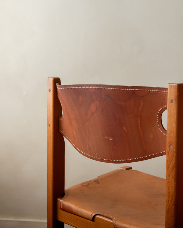 Brutalist Elm and Leather Dining Chairs by Maison Regain, 1970s, Set of 4