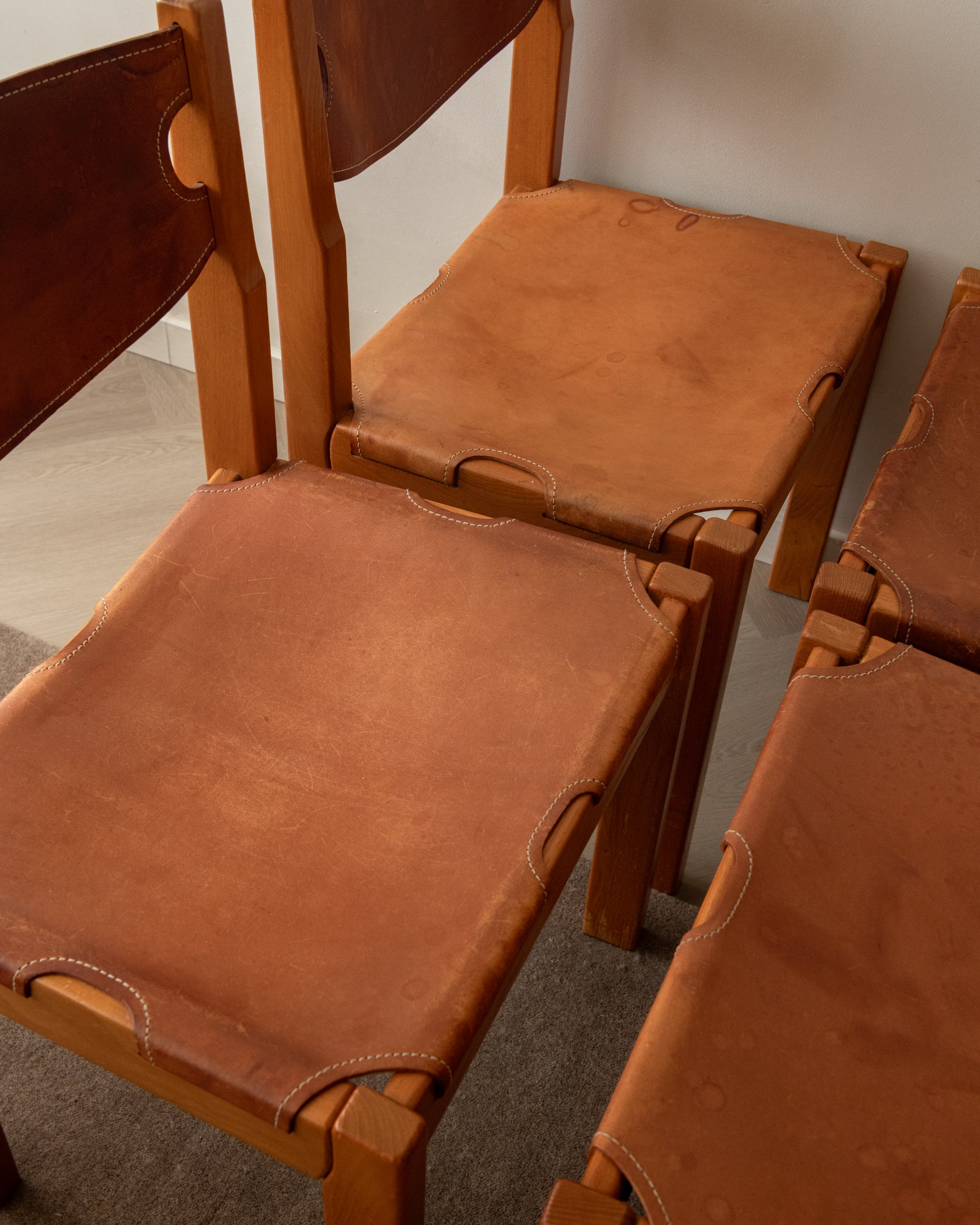Brutalist Elm and Leather Dining Chairs by Maison Regain, 1970s, Set of 4