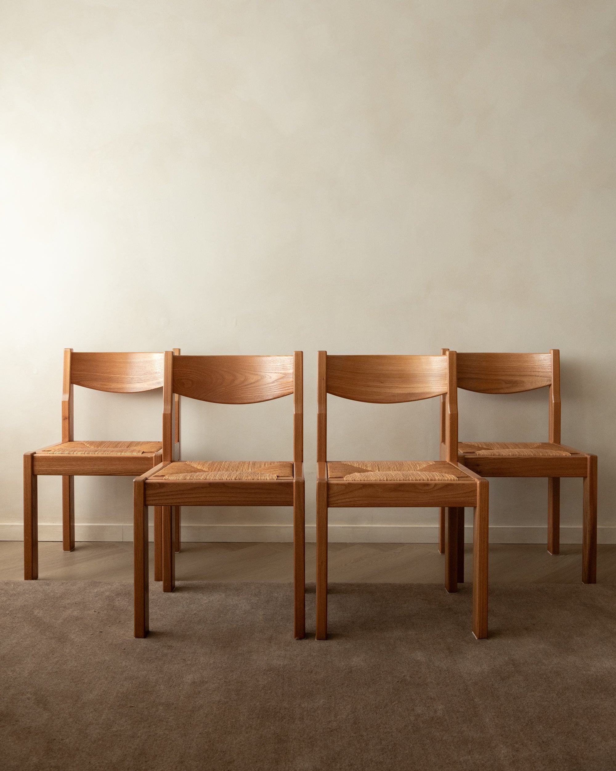 Mid Century Elm and Rush Dining Chairs by Maison Regain, 1970s, Set of 4