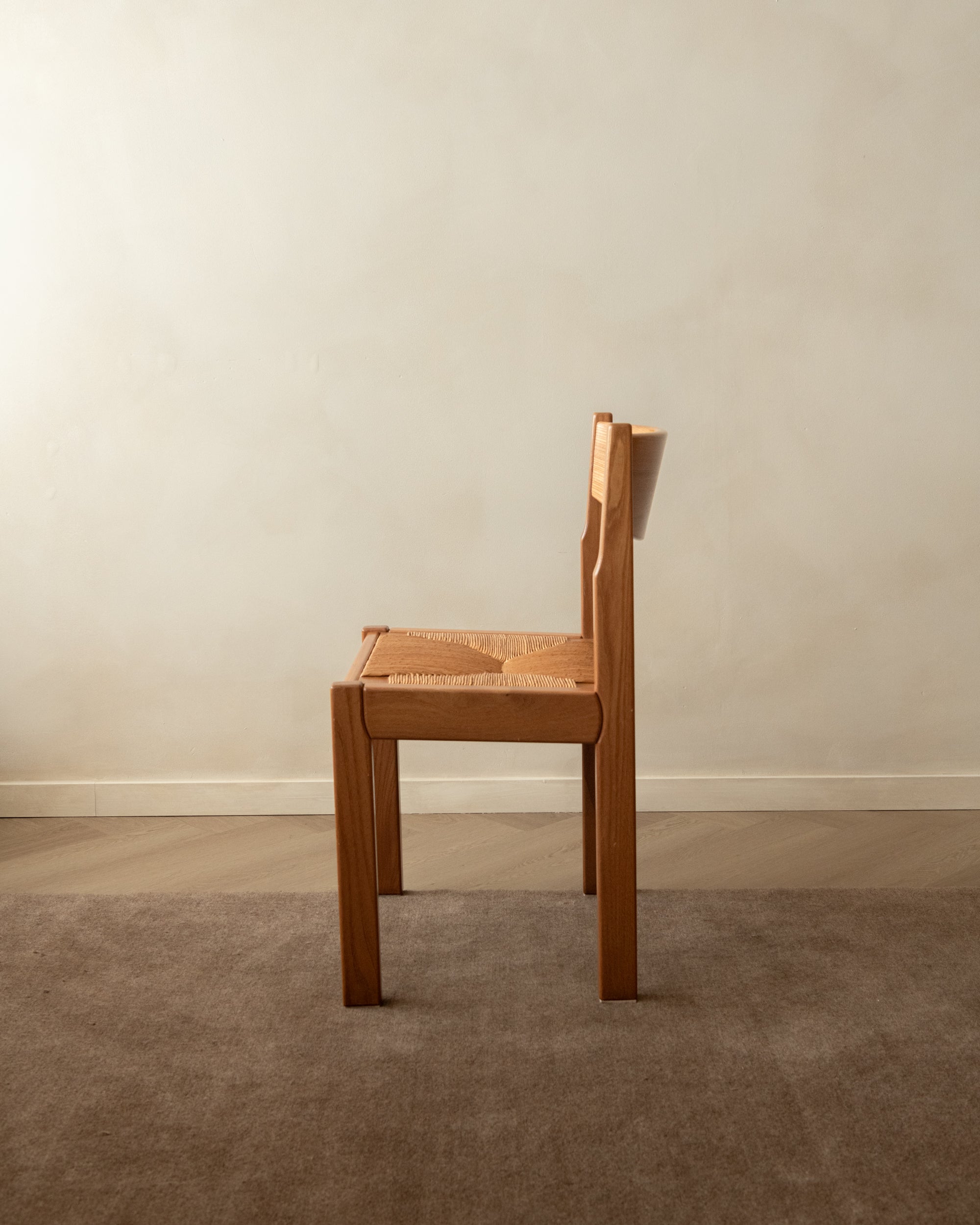 Mid Century Elm and Rush Dining Chairs by Maison Regain, 1970s, Set of 4