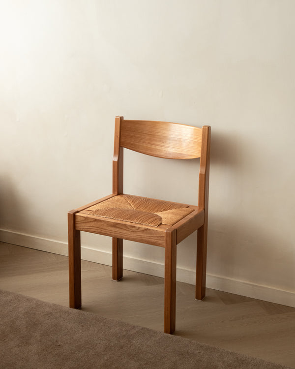 Mid Century Elm and Rush Dining Chairs by Maison Regain, 1970s, Set of 4