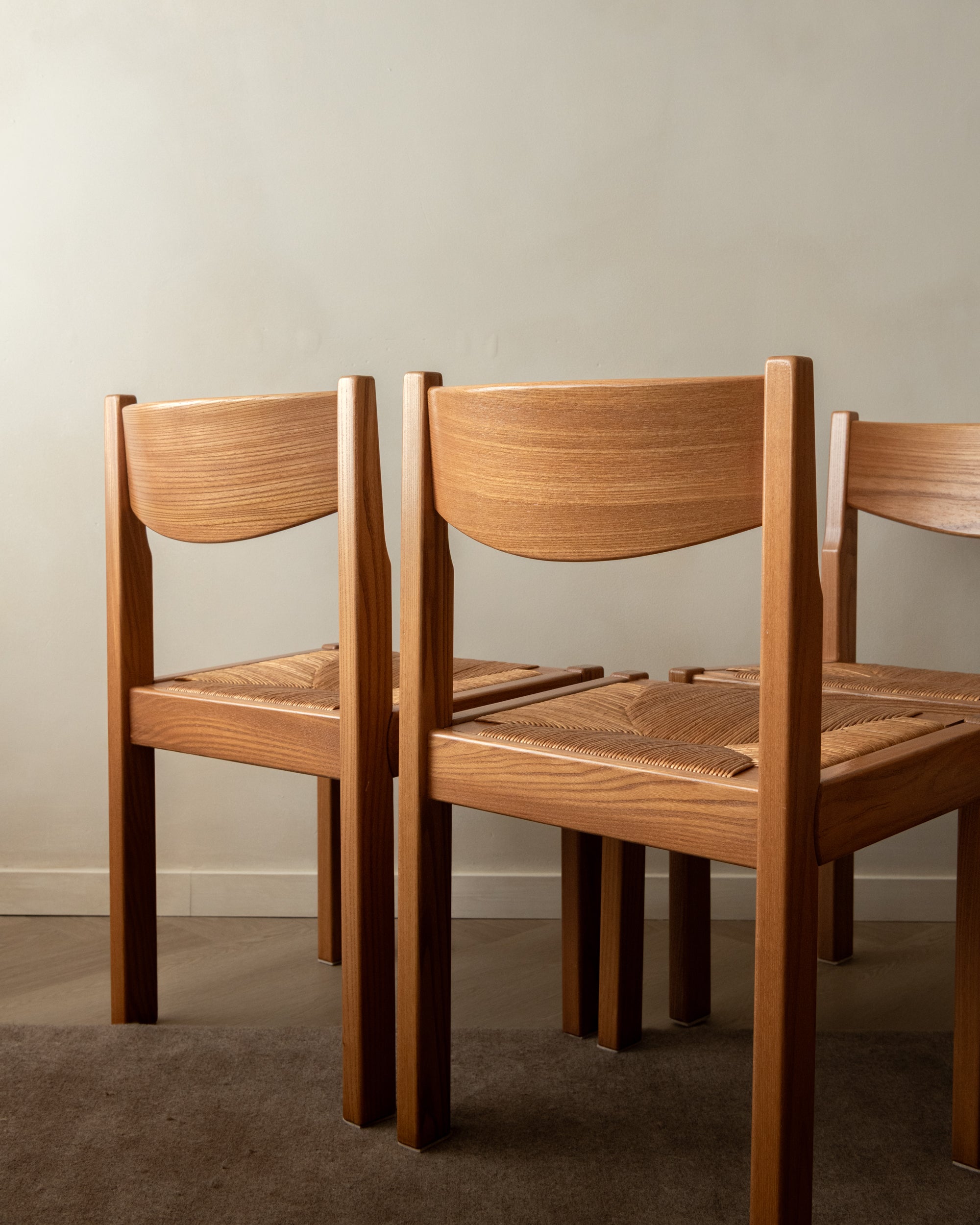 Mid Century Elm and Rush Dining Chairs by Maison Regain, 1970s, Set of 4