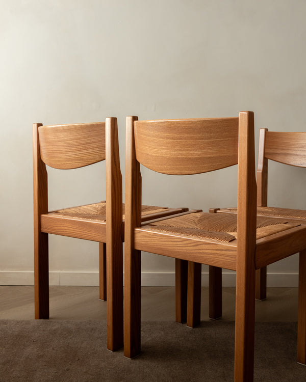 Mid Century Elm and Rush Dining Chairs by Maison Regain, 1970s, Set of 4