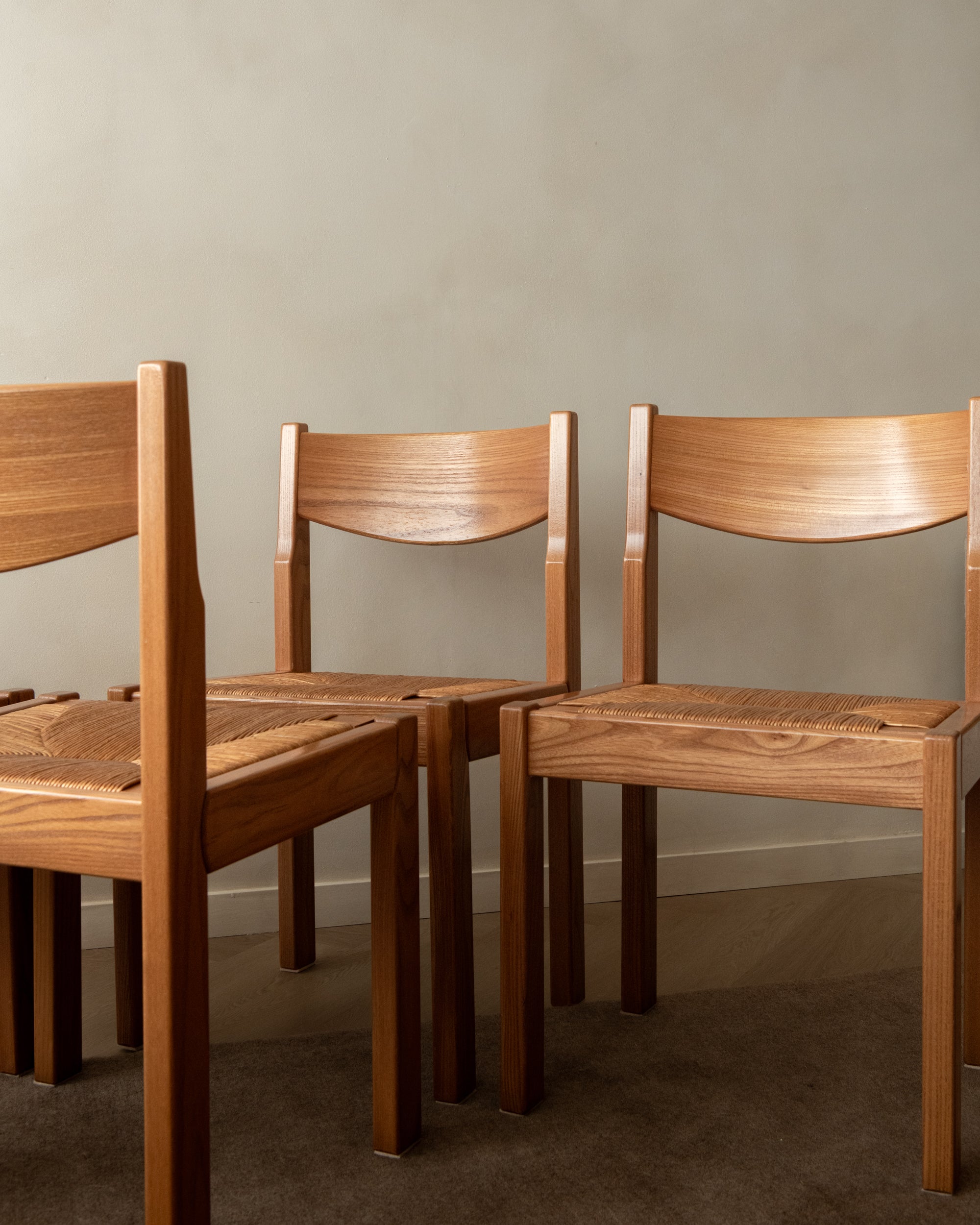 Mid Century Elm and Rush Dining Chairs by Maison Regain, 1970s, Set of 4