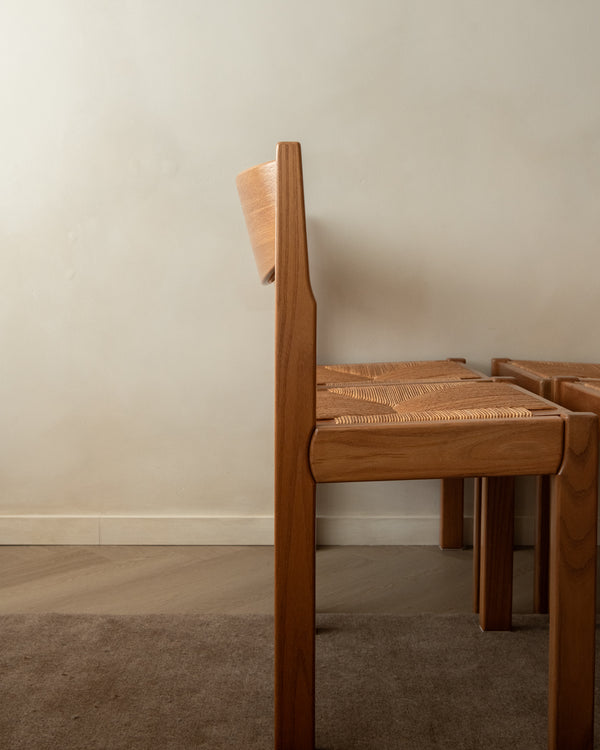 Mid Century Elm and Rush Dining Chairs by Maison Regain, 1970s, Set of 4
