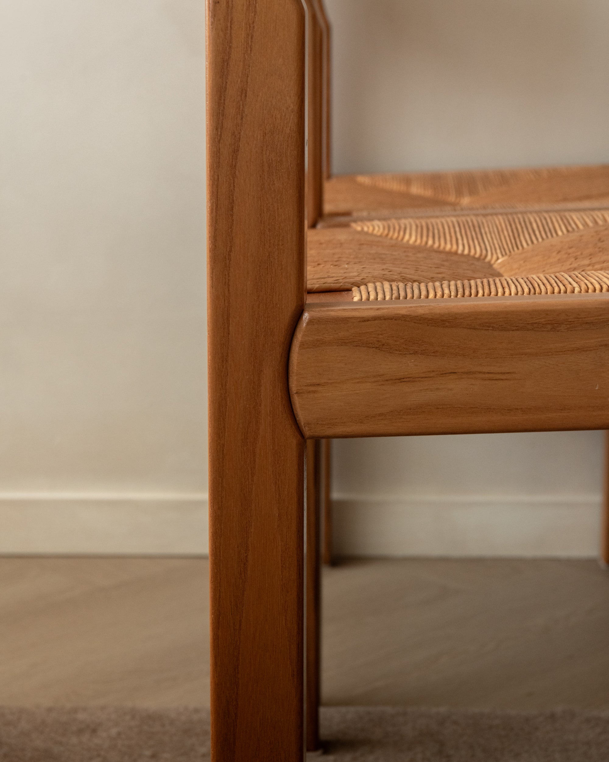 Mid Century Elm and Rush Dining Chairs by Maison Regain, 1970s, Set of 4