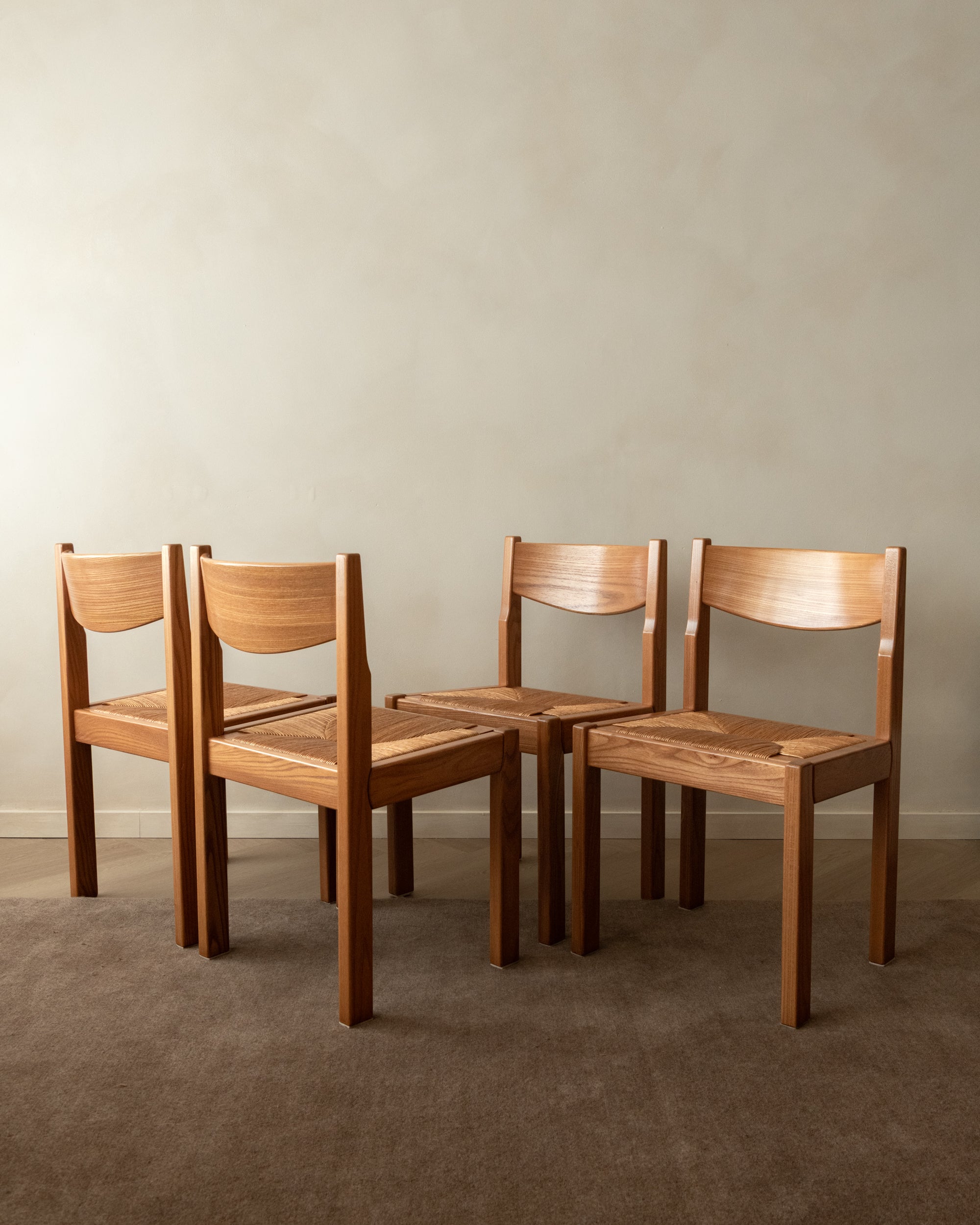 Mid Century Elm and Rush Dining Chairs by Maison Regain, 1970s, Set of 4
