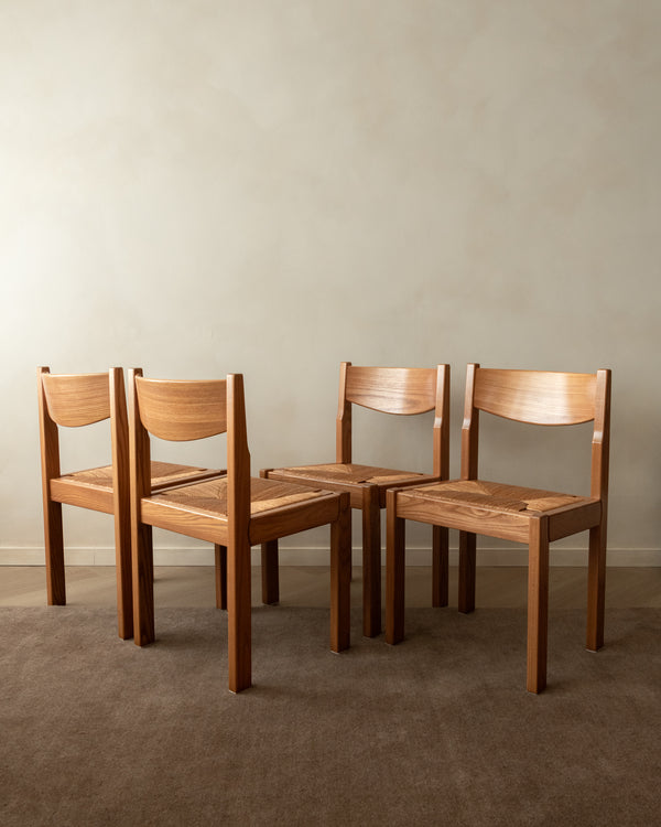 Mid Century Elm and Rush Dining Chairs by Maison Regain, 1970s, Set of 4