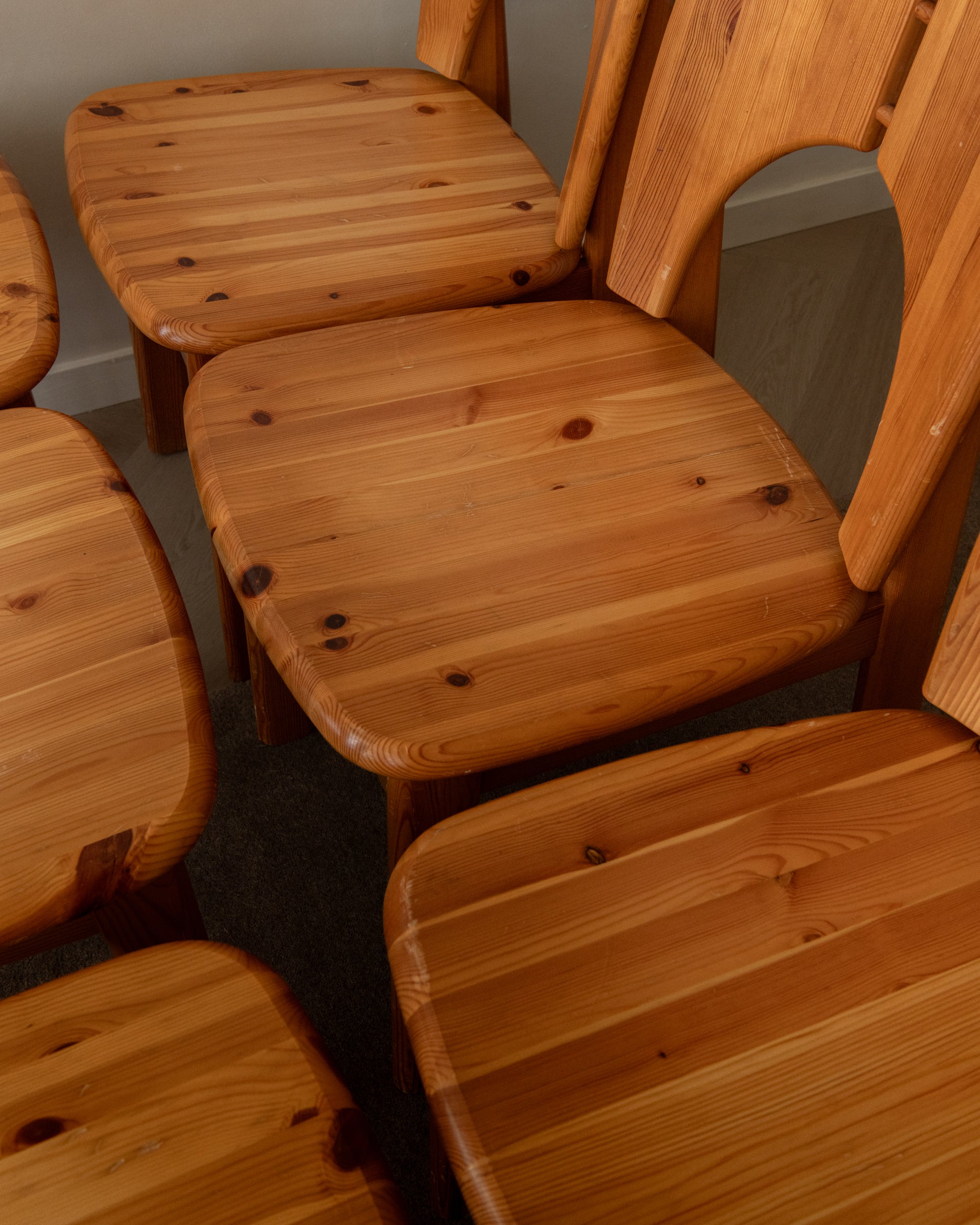 Scandinavian Brutalist Pine Dining Chairs, 1970s, Set of 6