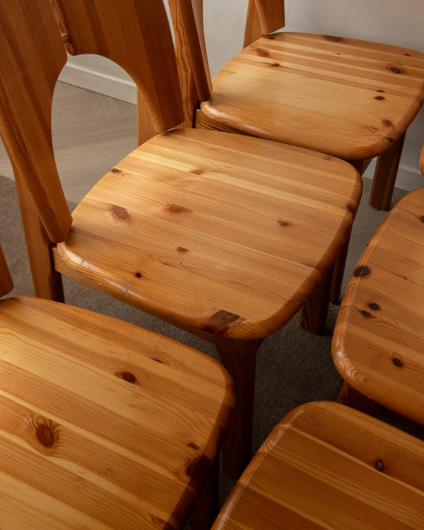 Scandinavian Brutalist Pine Dining Chairs, 1970s, Set of 6