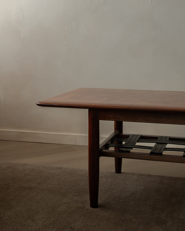 Mid Century Modern Rosewood Coffee Table With Leather Magazine Shelf by Topform, 1960s