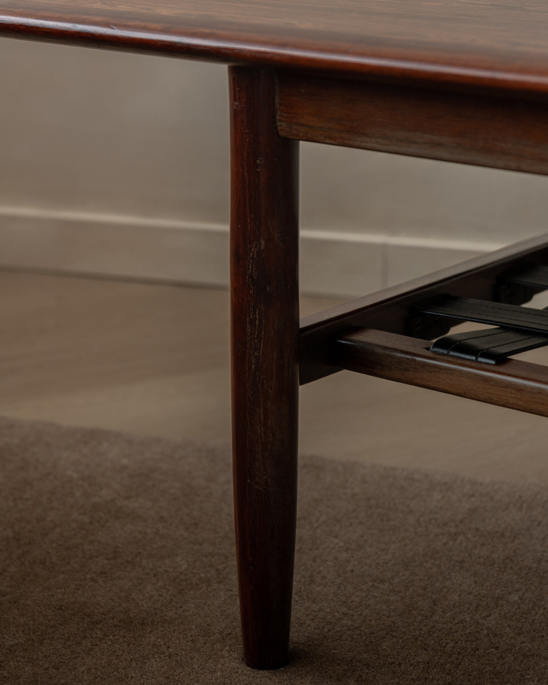 Mid Century Modern Rosewood Coffee Table With Leather Magazine Shelf by Topform, 1960s
