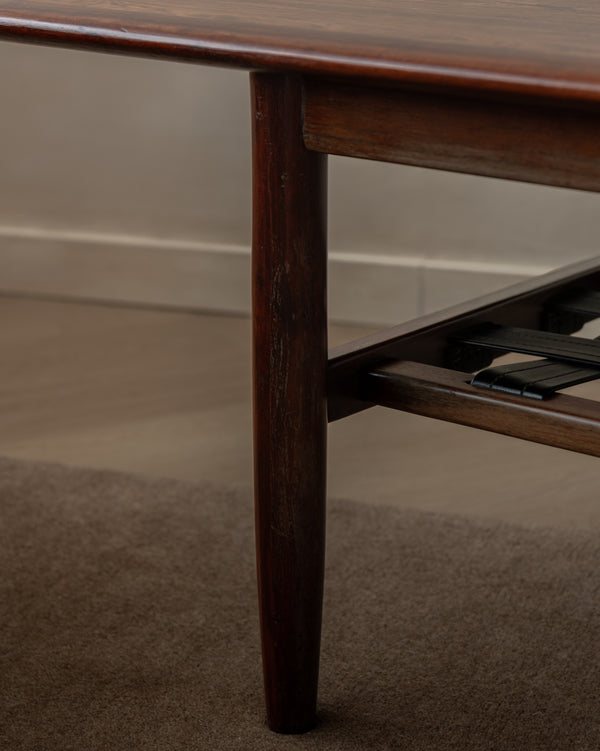 Mid Century Modern Rosewood Coffee Table With Leather Magazine Shelf by Topform, 1960s