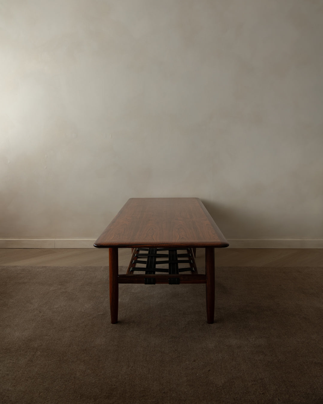 Mid Century Modern Rosewood Coffee Table With Leather Magazine Shelf by Topform, 1960s