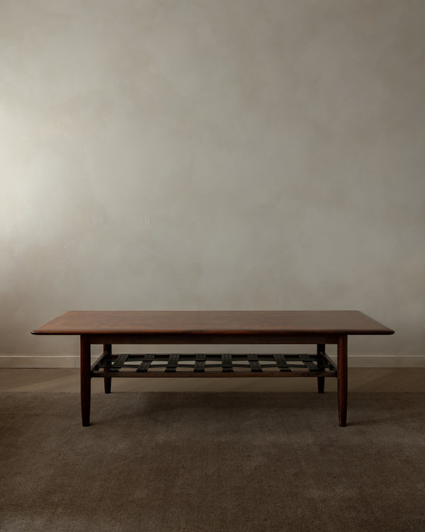 Mid Century Modern Rosewood Coffee Table With Leather Magazine Shelf by Topform, 1960s