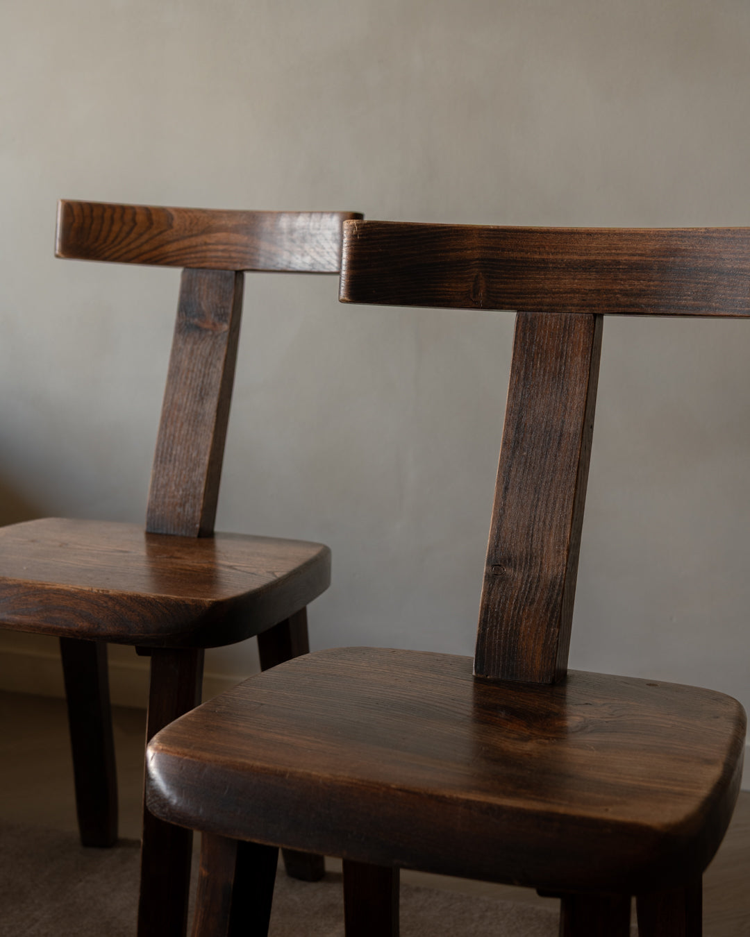 French Brutalist Elm T Dining Chairs by Aranjou, 1960s, Set of 3