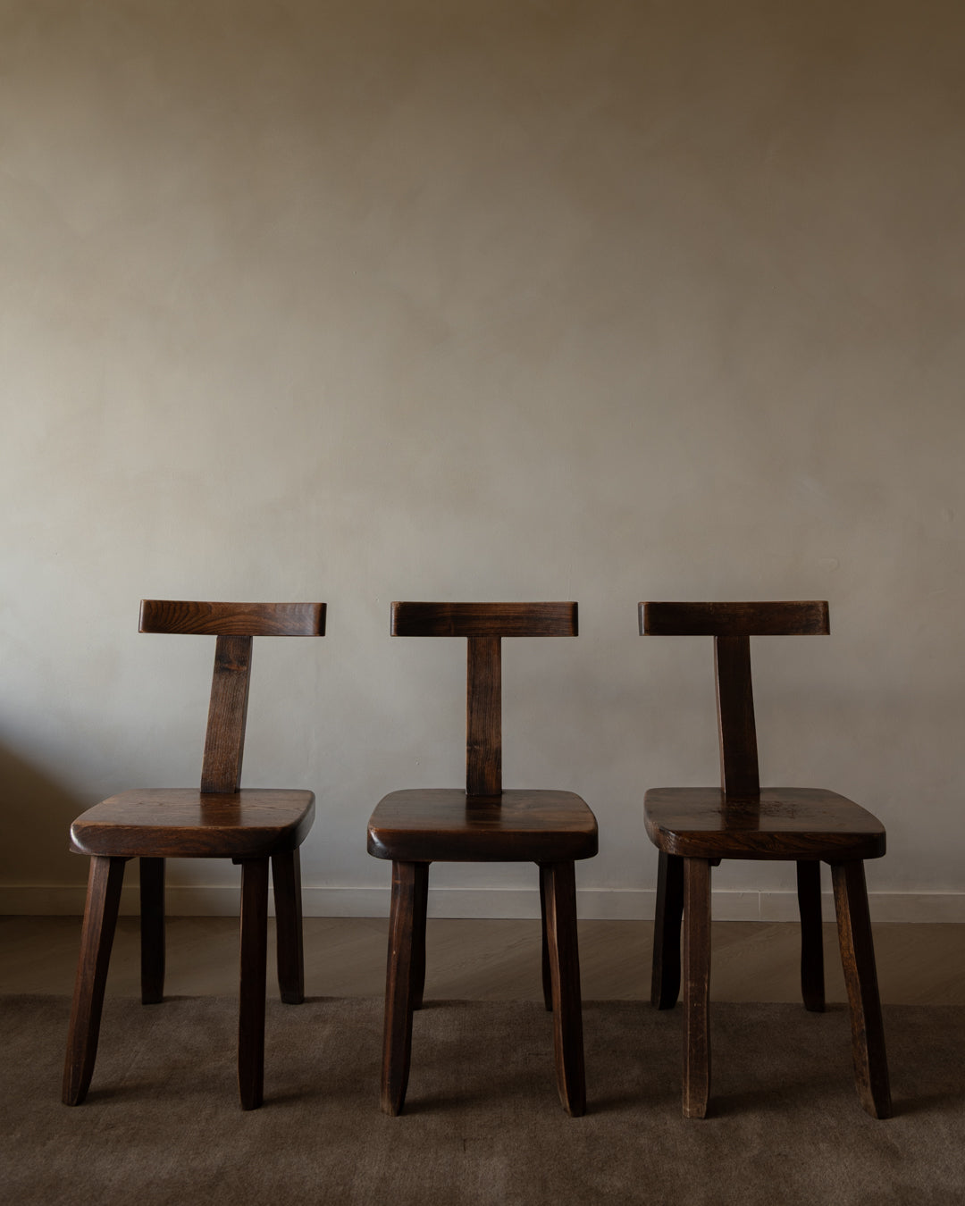 French Brutalist Elm T Dining Chairs by Aranjou, 1960s, Set of 3