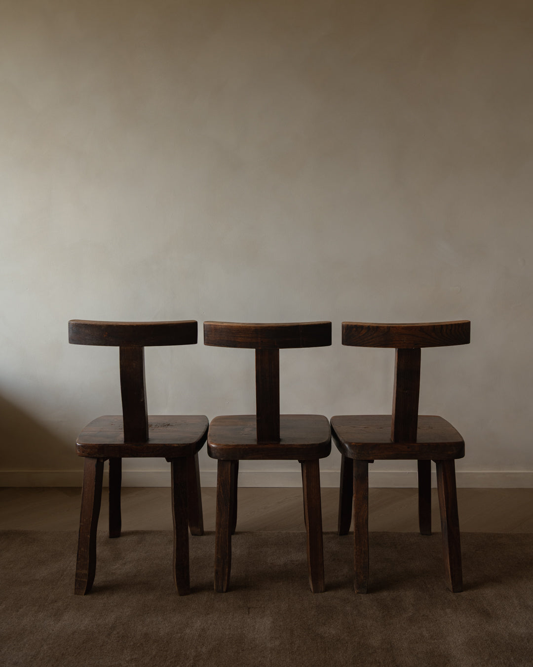 French Brutalist Elm T Dining Chairs by Aranjou, 1960s, Set of 3