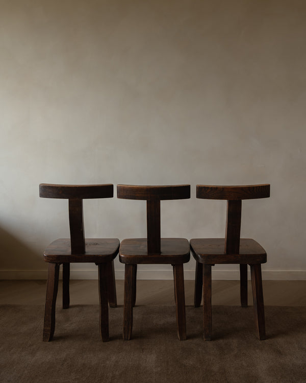 French Brutalist Elm T Dining Chairs by Aranjou, 1960s, Set of 3