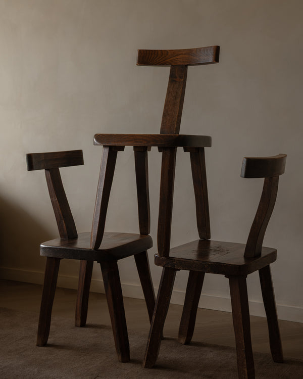 French Brutalist Elm T Dining Chairs by Aranjou, 1960s, Set of 3