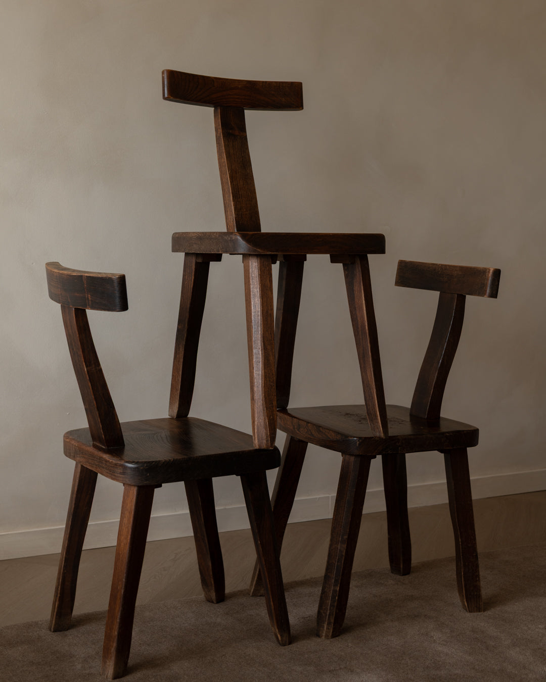 French Brutalist Elm T Dining Chairs by Aranjou, 1960s, Set of 3