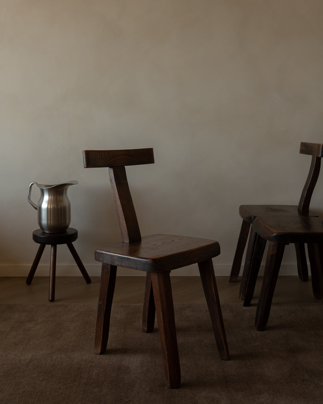 French Brutalist Elm T Dining Chairs by Aranjou, 1960s, Set of 3