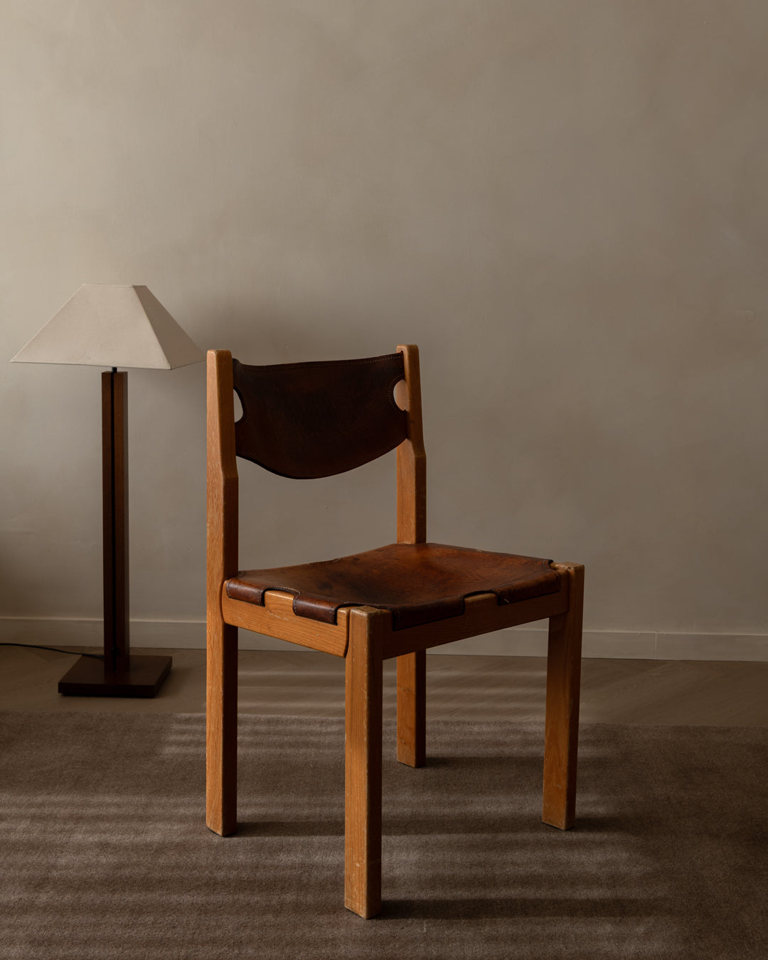 French Brutalist Elm and Leather Chair by Maison Regain, 1970s