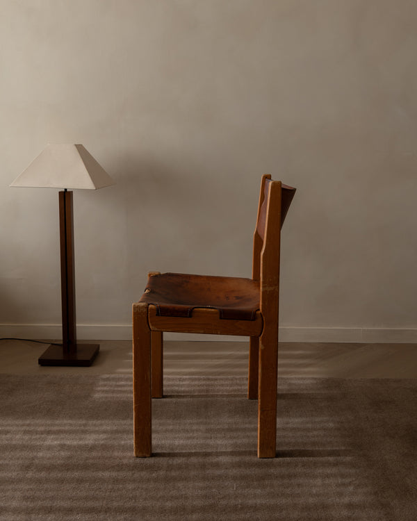 French Brutalist Elm and Leather Chair by Maison Regain, 1970s