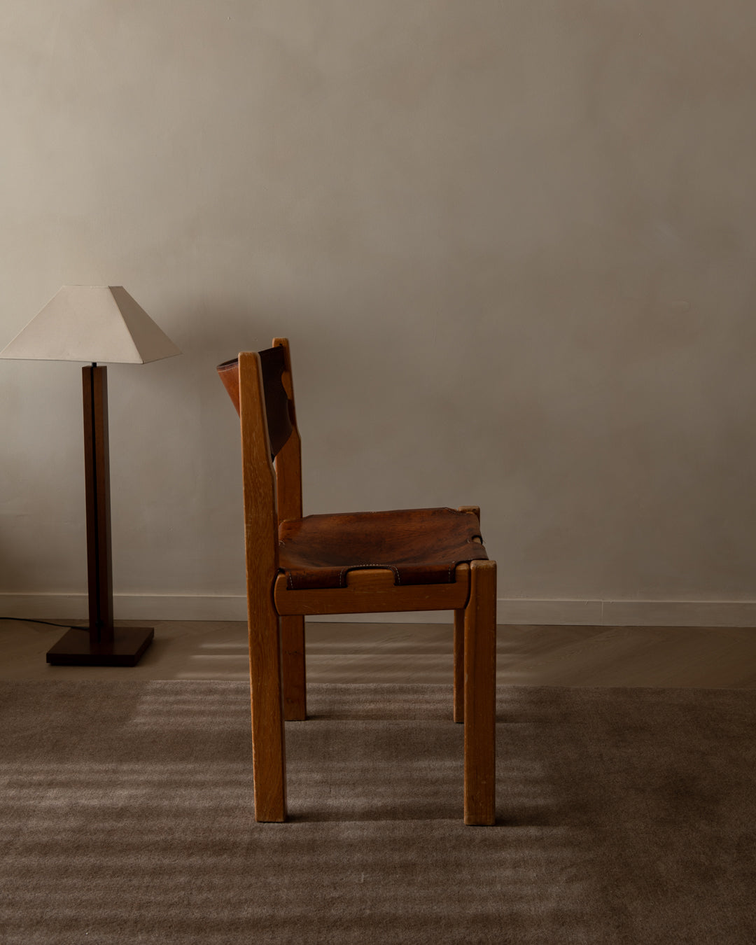 French Brutalist Elm and Leather Chair by Maison Regain, 1970s