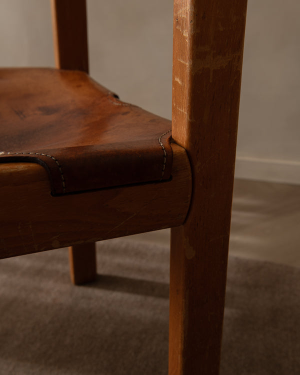 French Brutalist Elm and Leather Chair by Maison Regain, 1970s