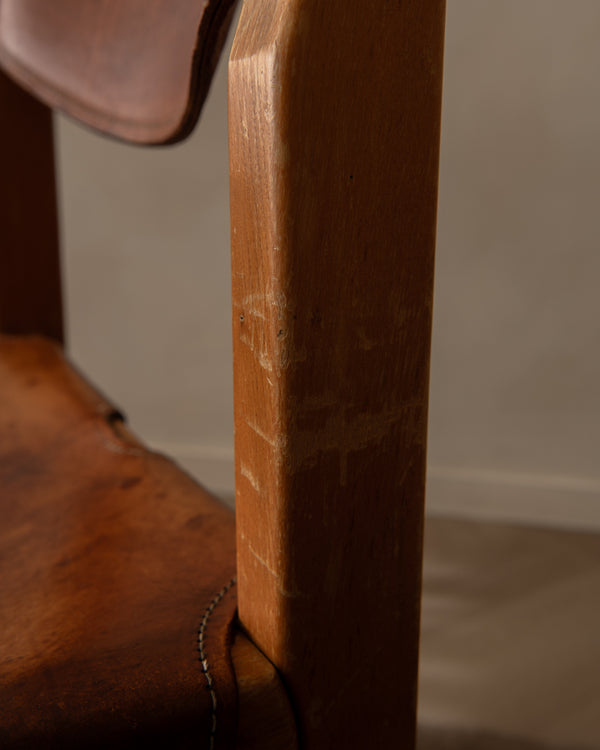 French Brutalist Elm and Leather Chair by Maison Regain, 1970s