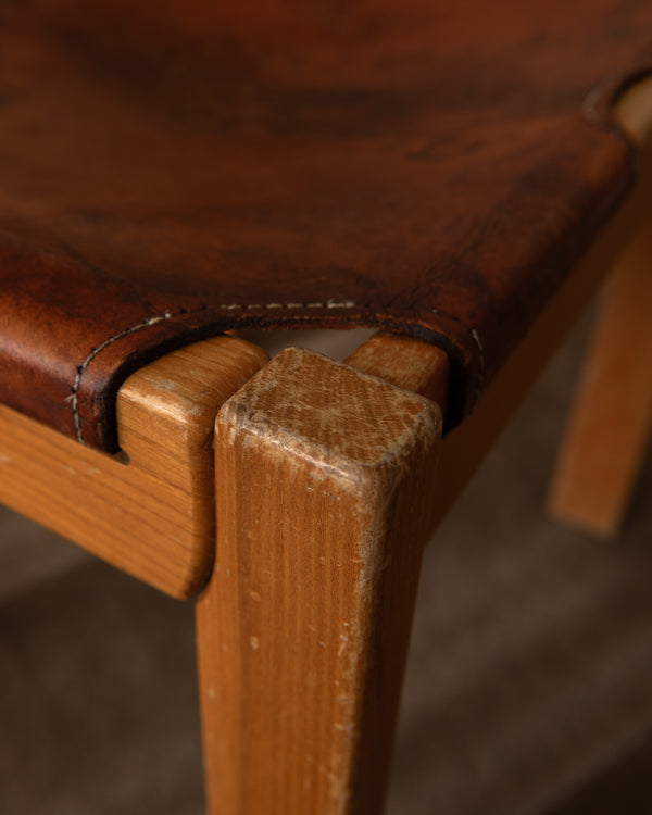 French Brutalist Elm and Leather Chair by Maison Regain, 1970s
