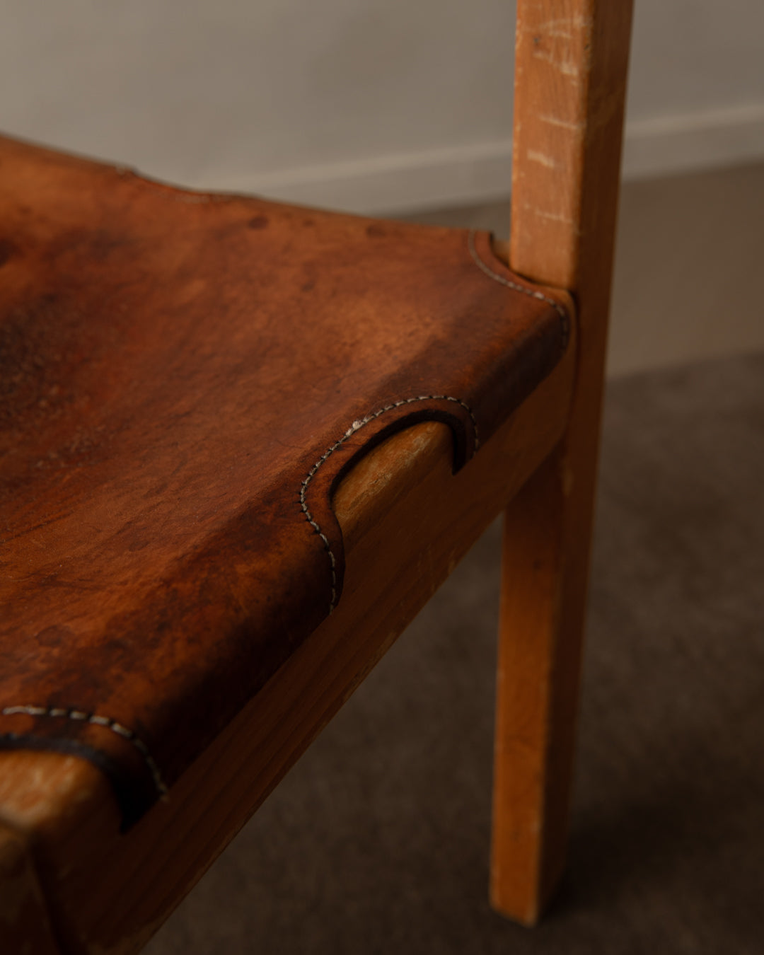 French Brutalist Elm and Leather Chair by Maison Regain, 1970s