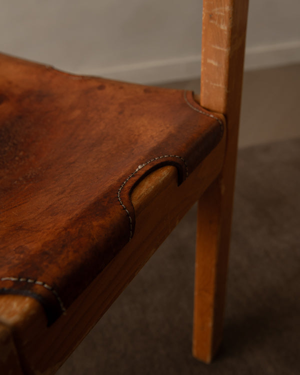French Brutalist Elm and Leather Chair by Maison Regain, 1970s