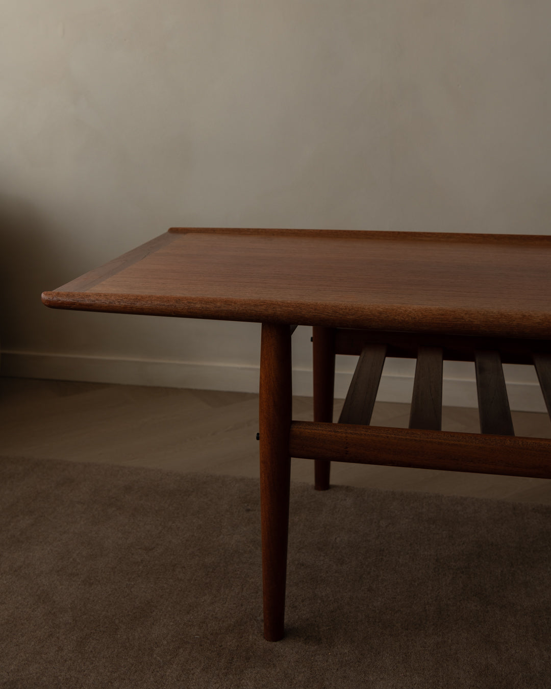Danish Modern Teak Coffee Table by Grete Jalk, 1960s, Slatted Magazine Shelf