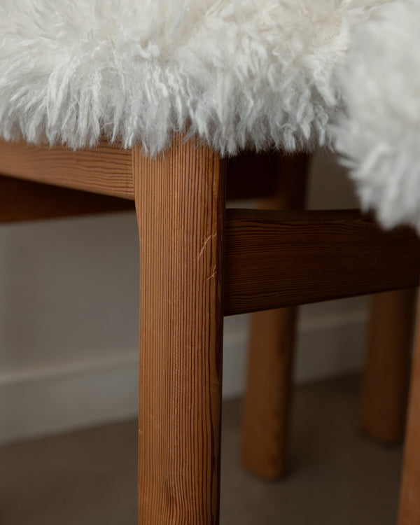 Scandinavian Modern Pine Dining Chairs in Faux Sheepskin, 1970s