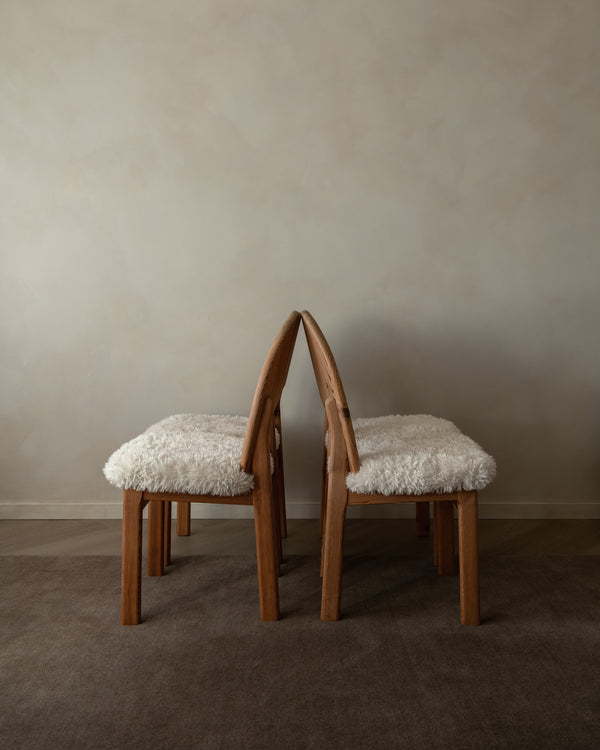 Scandinavian Modern Pine Dining Chairs in Faux Sheepskin, 1970s