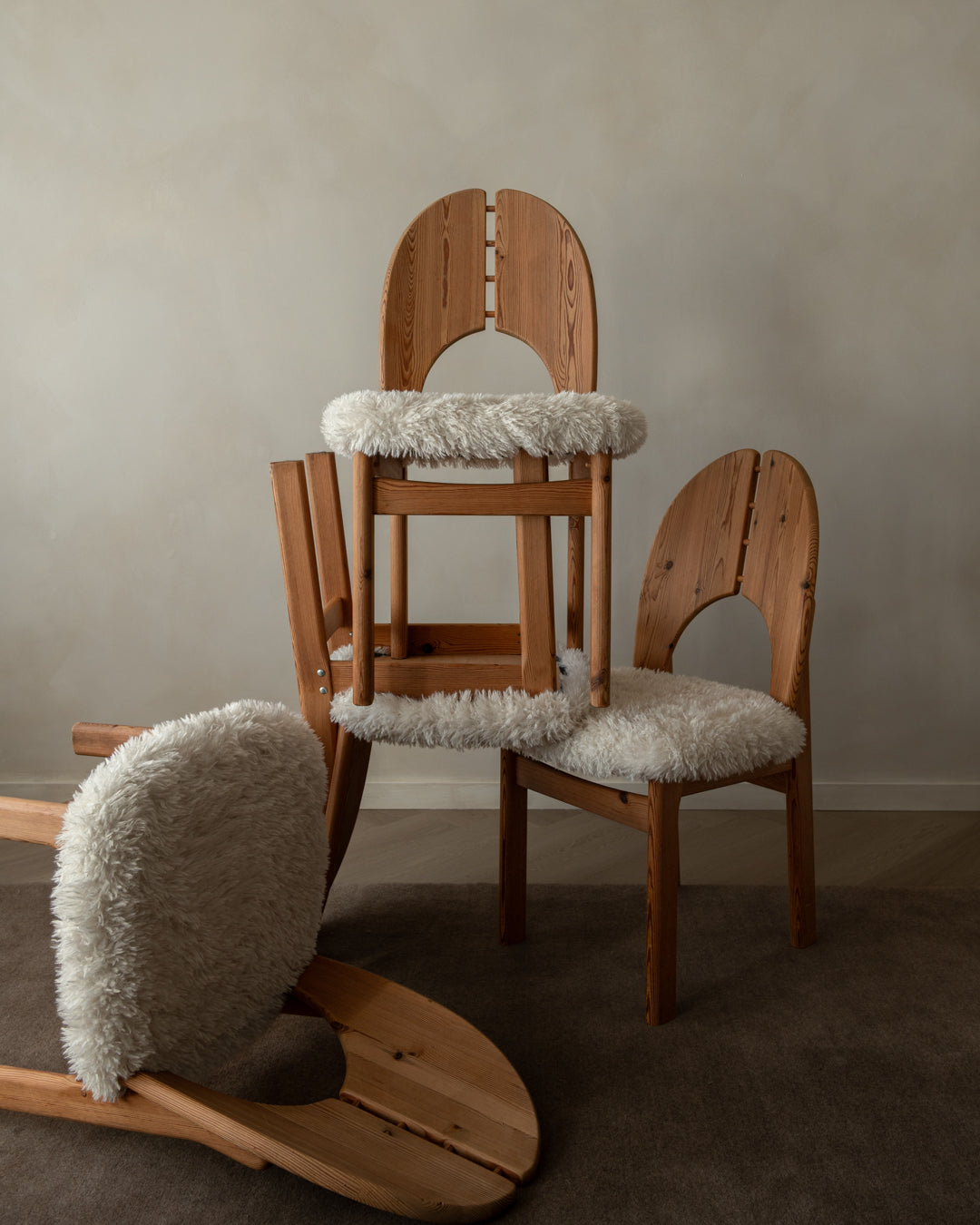 Scandinavian Modern Pine Dining Chairs in Faux Sheepskin, 1970s