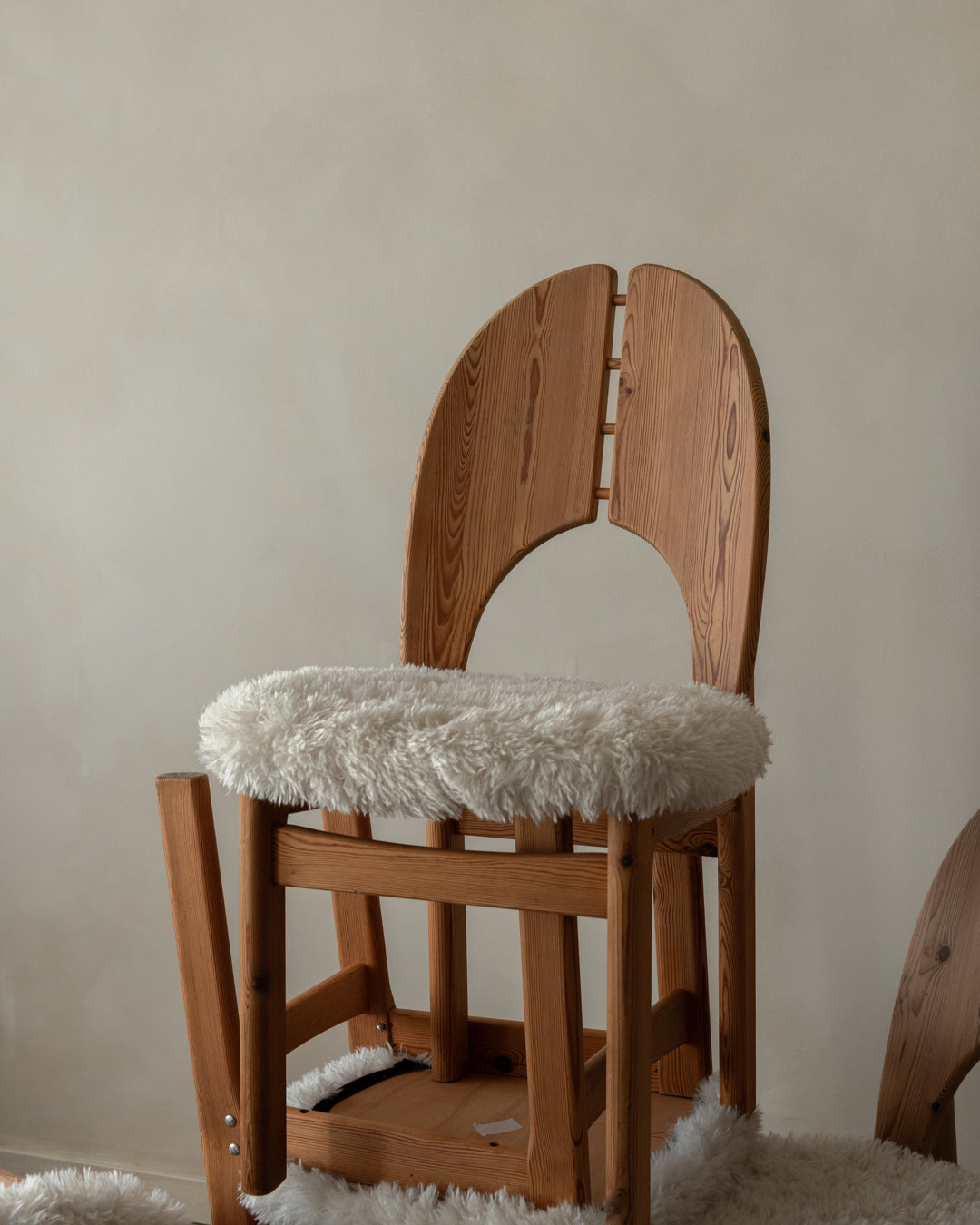 Scandinavian Modern Pine Dining Chairs in Faux Sheepskin, 1970s