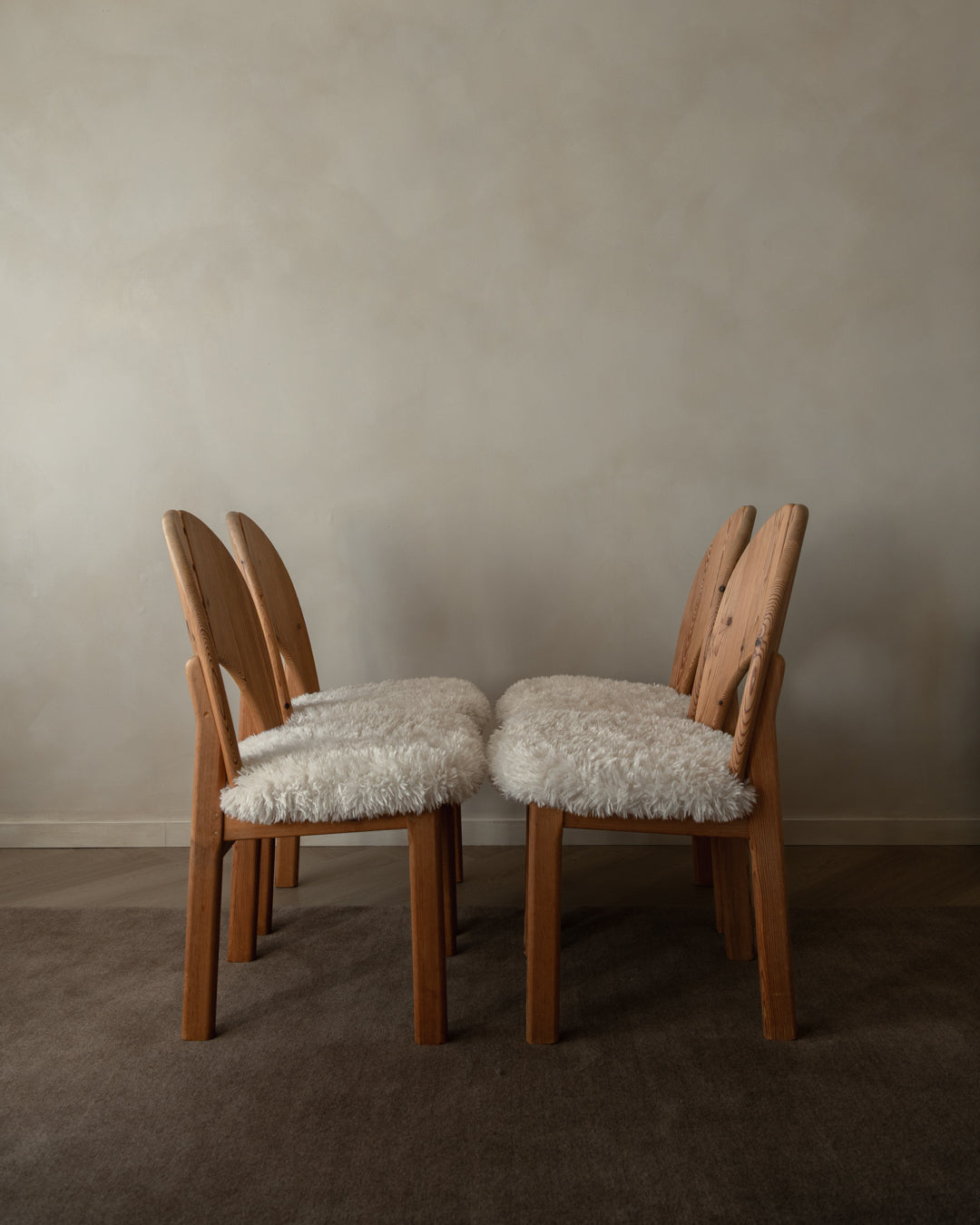 Scandinavian Modern Pine Dining Chairs in Faux Sheepskin, 1970s