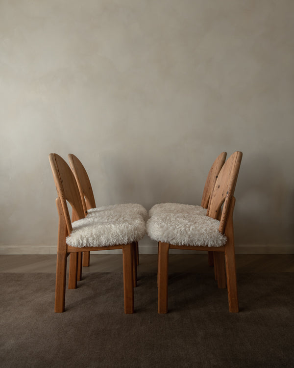 Scandinavian Modern Pine Dining Chairs in Faux Sheepskin, 1970s