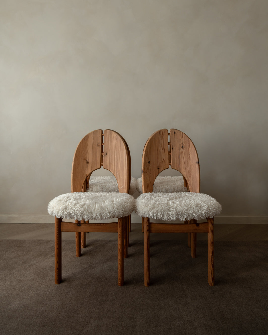 Scandinavian Modern Pine Dining Chairs in Faux Sheepskin, 1970s