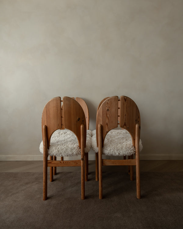 Scandinavian Modern Pine Dining Chairs in Faux Sheepskin, 1970s