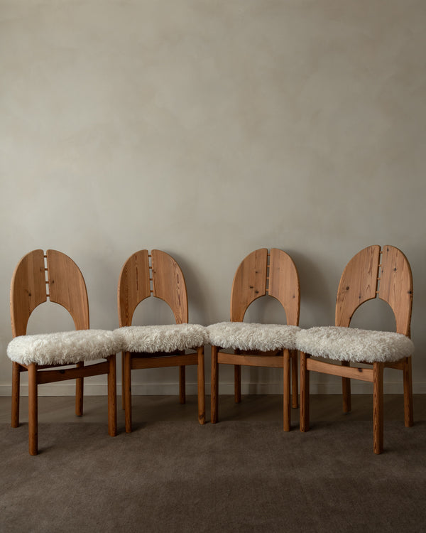 Scandinavian Modern Pine Dining Chairs in Faux Sheepskin, 1970s