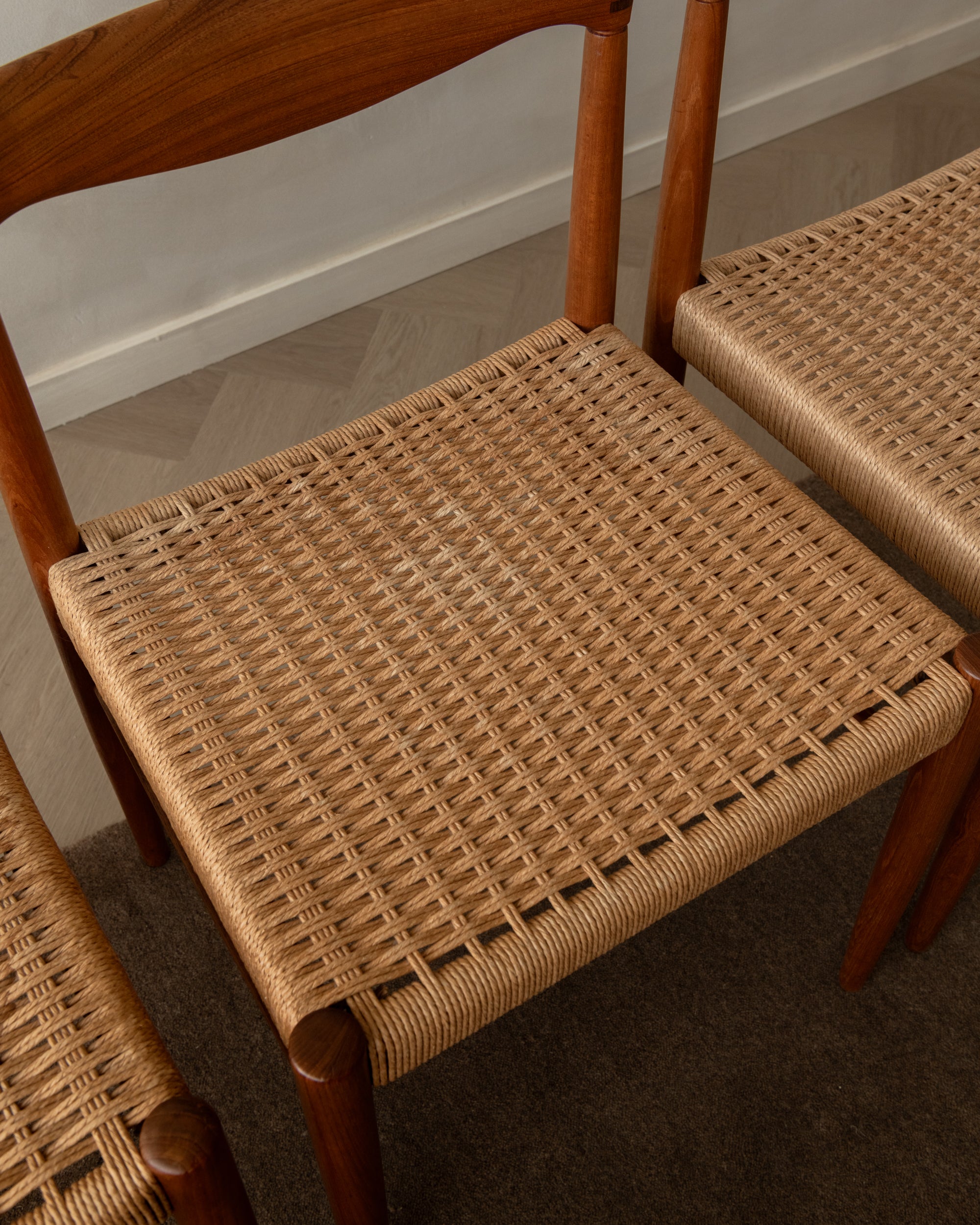 Danish Modern Teak and Paper Cord Dining Chairs by H.W. Klein for Bramin, 1960s, Set of 3