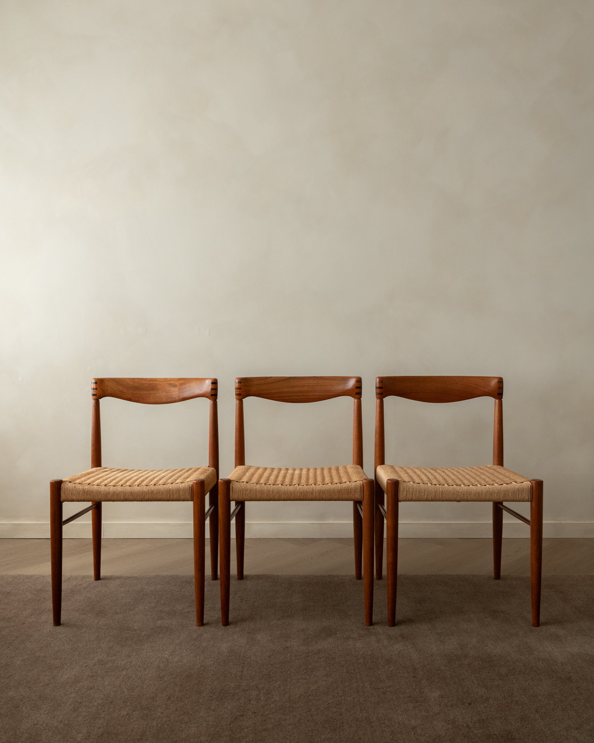 Danish Modern Teak and Paper Cord Dining Chairs by H.W. Klein for Bramin, 1960s, Set of 3