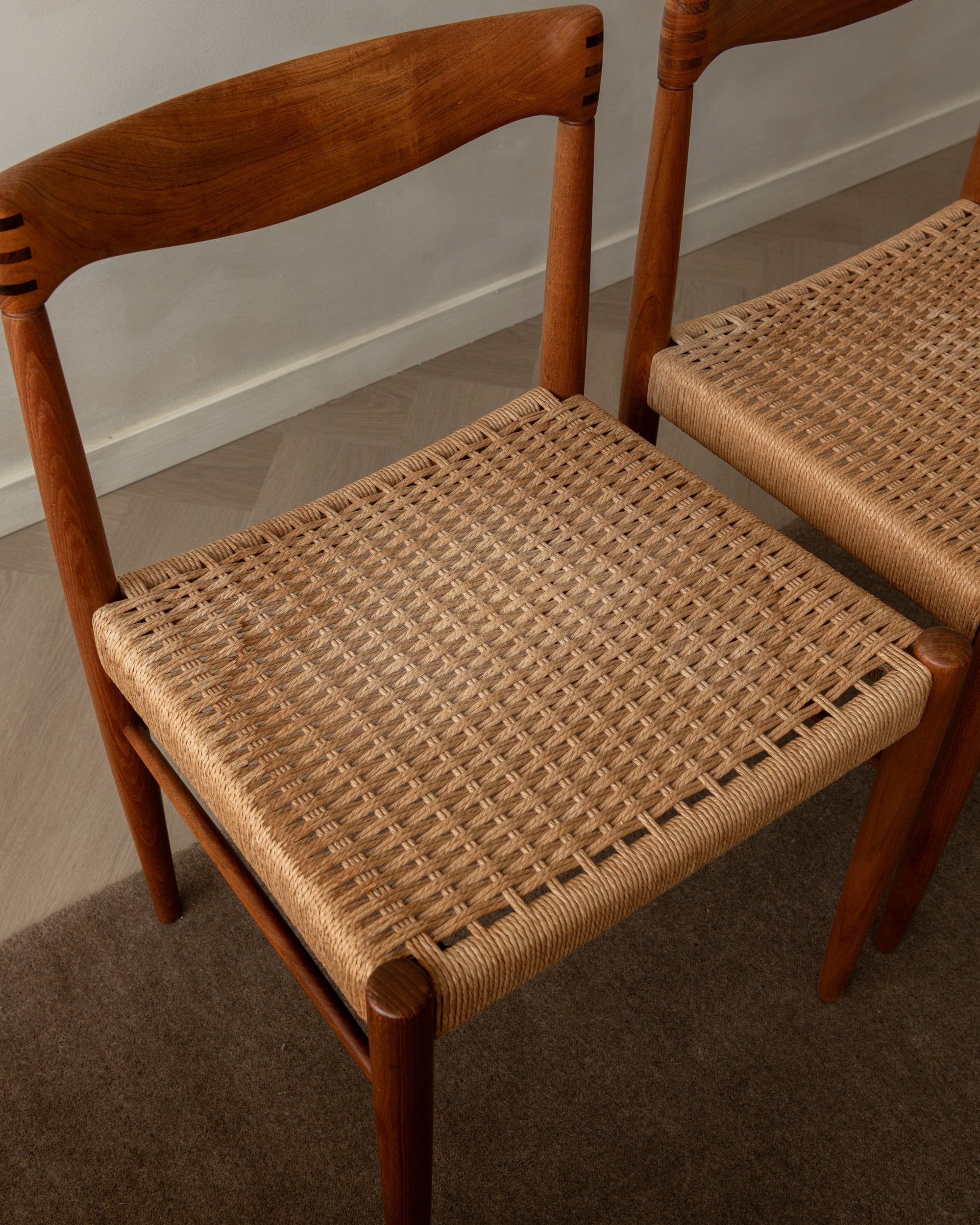 Danish Modern Teak and Paper Cord Dining Chairs by H.W. Klein for Bramin, 1960s, Set of 3