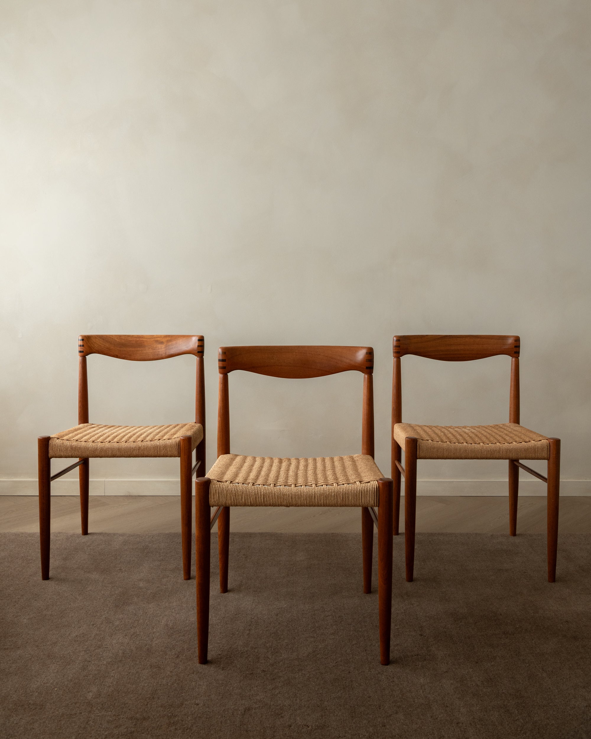 Danish Modern Teak and Paper Cord Dining Chairs by H.W. Klein for Bramin, 1960s, Set of 3