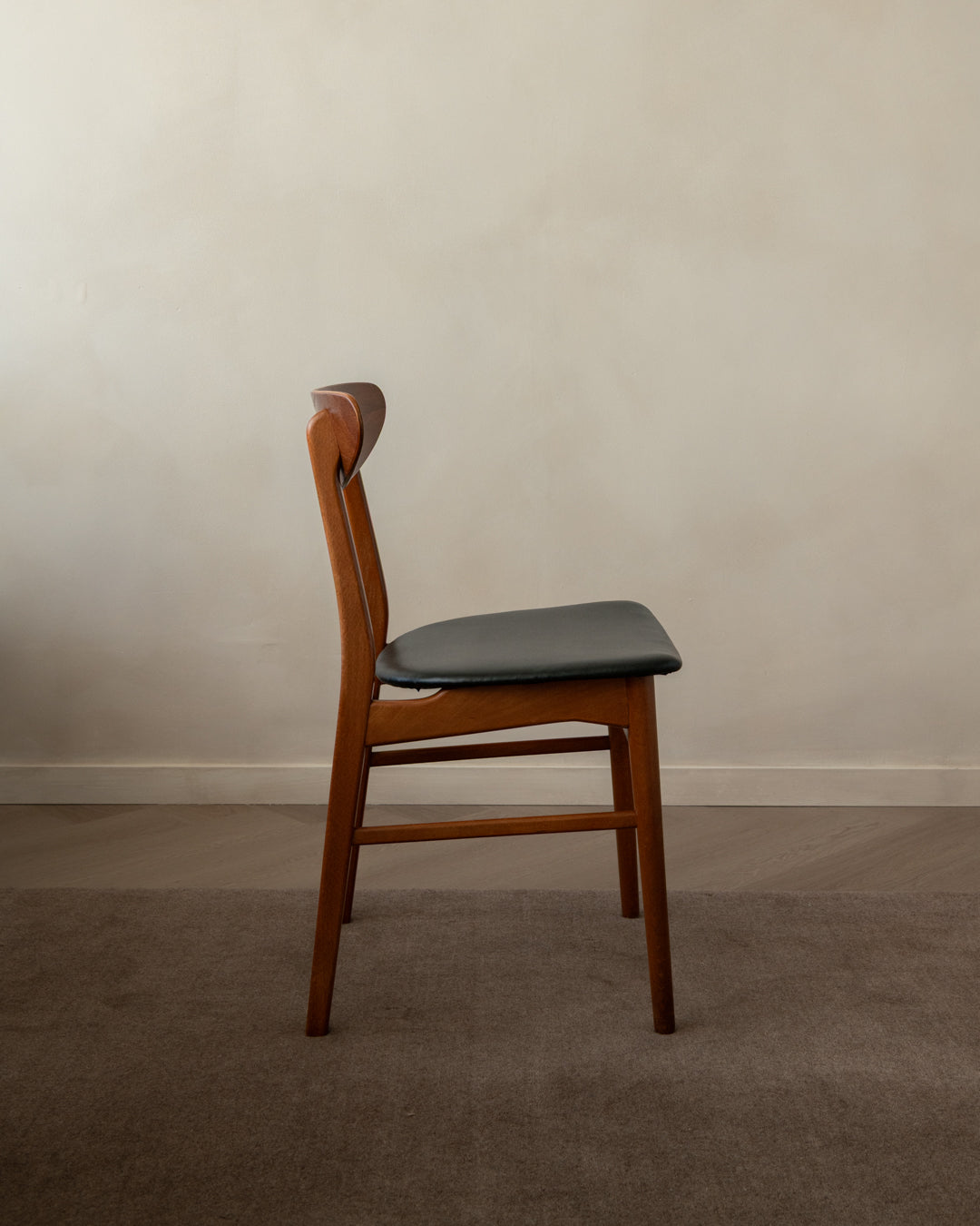 Mid Century Teak Dining Chairs, Newly Upholstered Black Skai Seats, 1960s