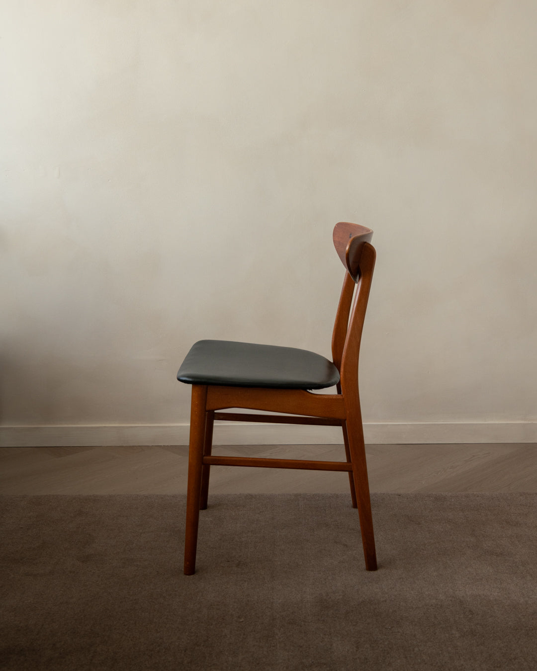 Mid Century Teak Dining Chairs, Newly Upholstered Black Skai Seats, 1960s